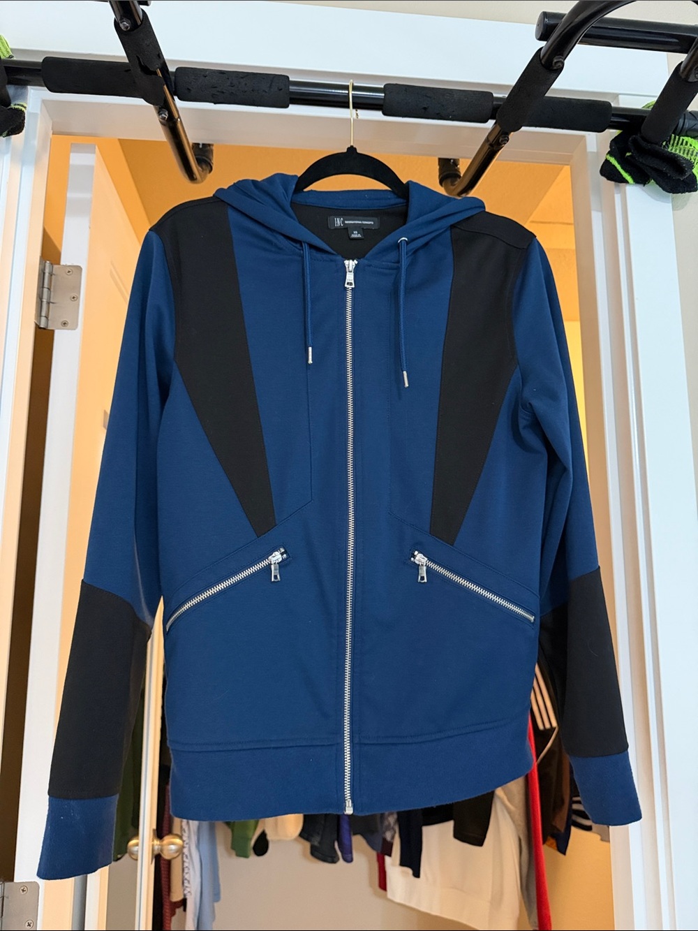 INC International Concepts Navy Blue and Black Hooded Zip Jacket
